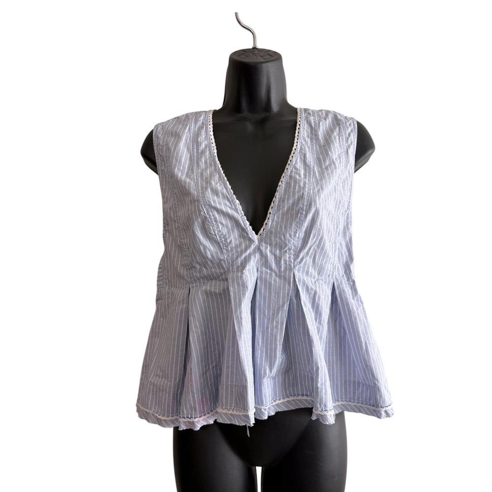 Free People Size Small Light Blue White Pinstripe Peplum Tank Top Coastal Preppy